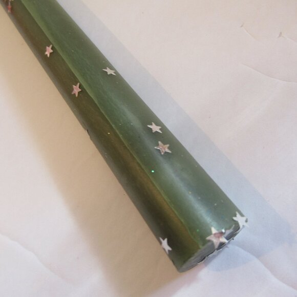8" Flat sheet Bees Wax Candle. Forest Green, w/ Silver Stars, Organic - Picture 2 of 3